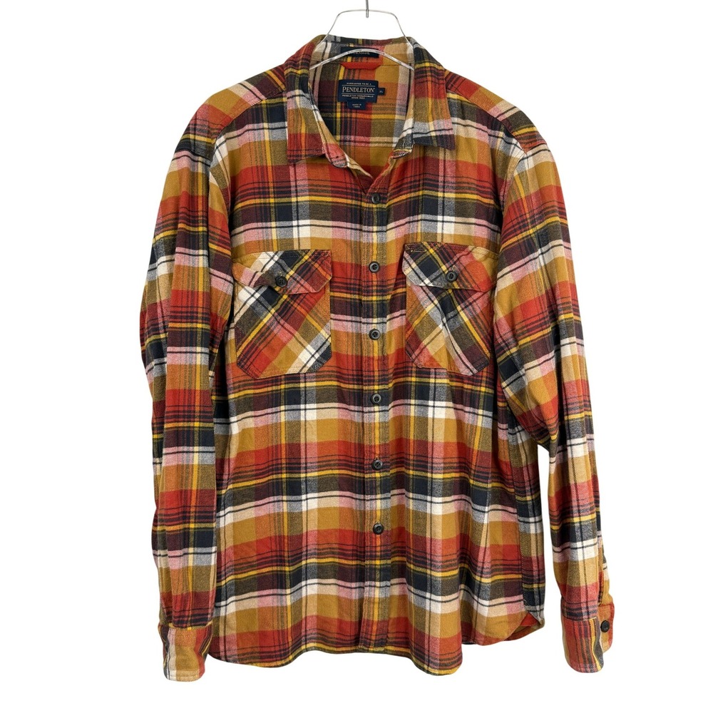 Pendleton Burnside Flannel Shirt Men XL Orange Yellow Plaid Cotton OREGON
